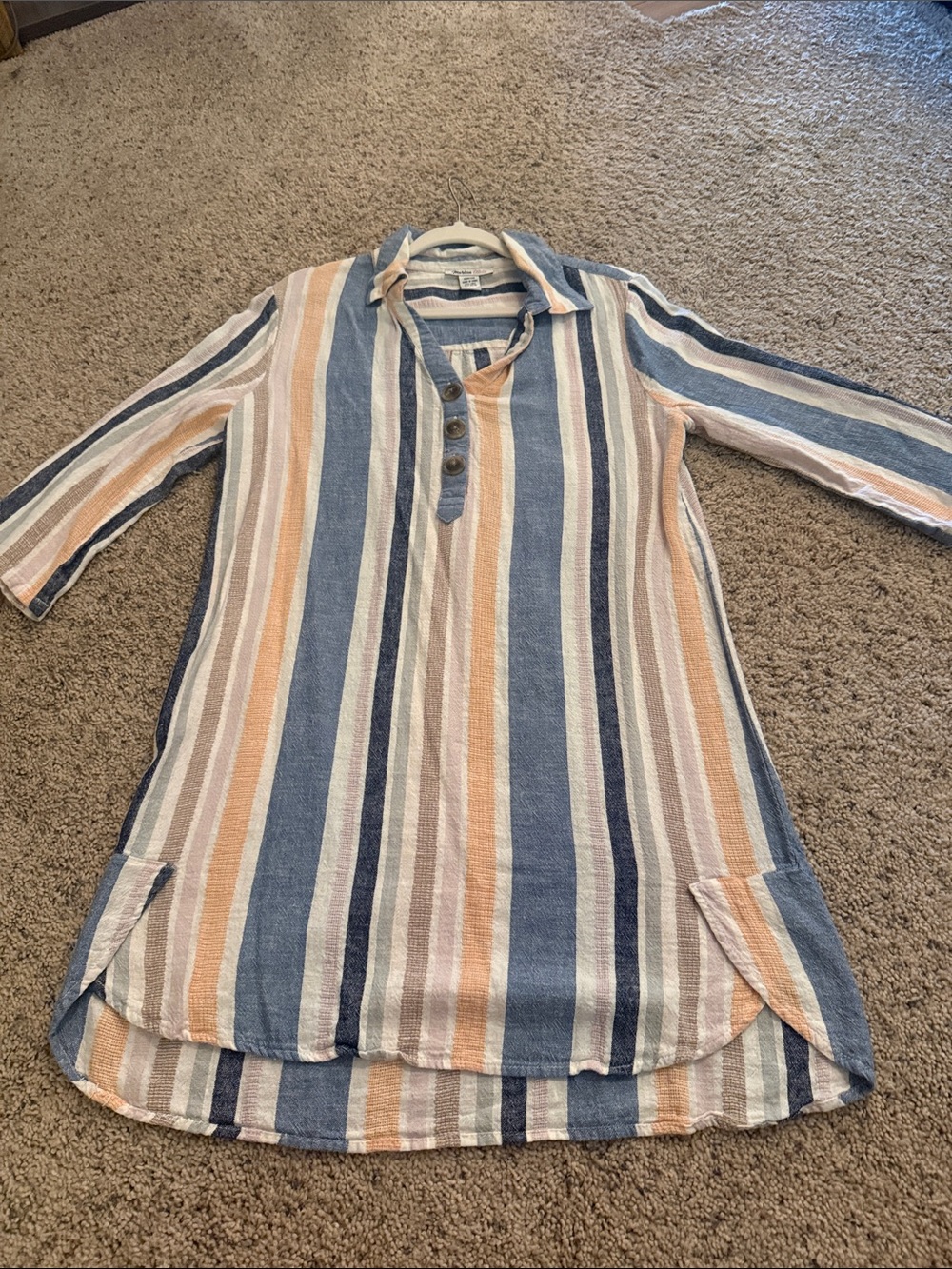 Women’s Striped Button Henley Tunic - Blue & Peach
